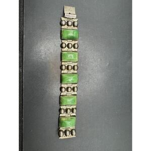 Vintage Mexico 925 Sterling Silver 925 Green Onyx Carved Link Bracelet Sz 6-6.5"